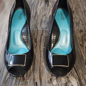 OKA b. Black Peep Toe Heels with Blue Insole